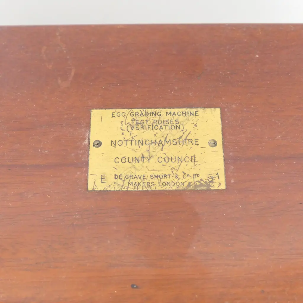 MAHOGANY BOXED SET OF ALUMINIUM EGG GRADING TEST POISES by DE GRAVE SHORT & CO. (for NOTINGHAMSHIRE COUNTY COUNCIL) Image 1++